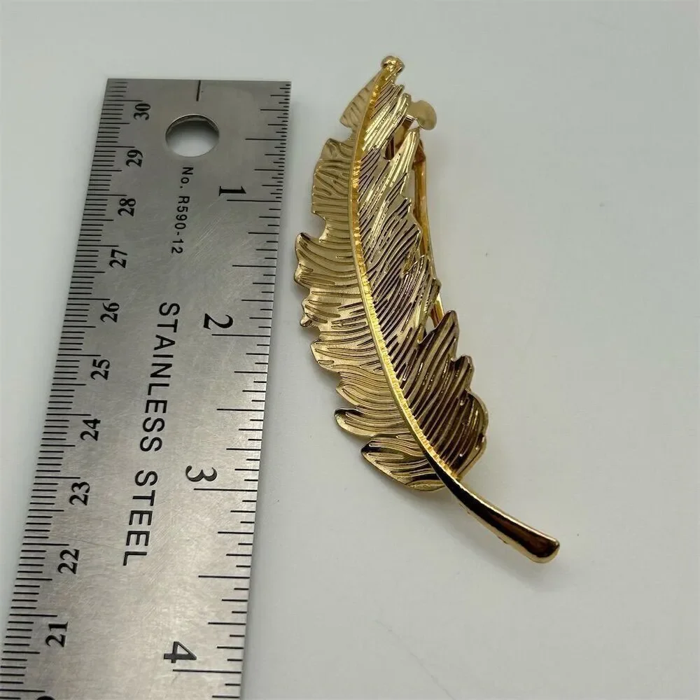 Gold Tone Leaf Feather Hair Barrette Clip Lightweight Classic Chic Boho Fall